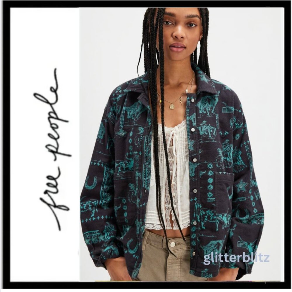 Free People "We the Free" Calico Western Print Flannel Shirt Charcoal Combo - Picture 3 of 9